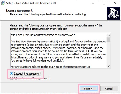 「I accept the agreement」→「Next」をクリック