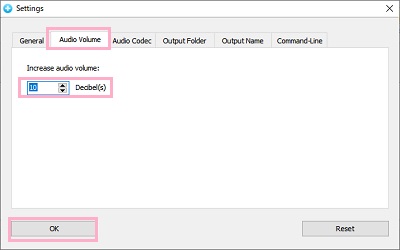 「Audio Volume」で音量の上げ幅を調整し、OKをクリック