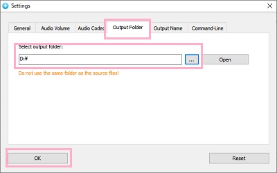 「Output Folder」で動画ファイルの出力先フォルダを指定し「OK」をクリック