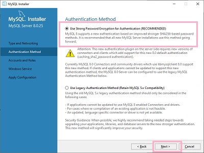 「Use Strong Password Encryption for Authentication (RECOMMENDED)」を選択し「Next」をクリック