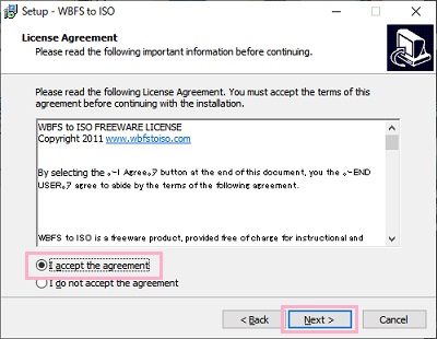 「I accept the agreement」を選択して「Next」をクリック