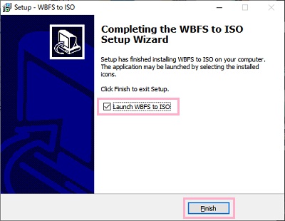 「Launch WBFS to ISO」が選択されていることを確認し「Finish」をクリック