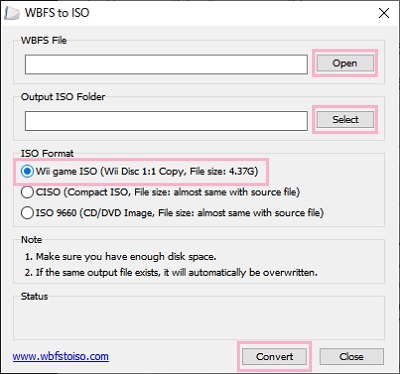 「WBFS File」項目で「.wbfs」ファイルを選択し「Output ISO Folder」でISOファイルの出力先を選択→「Wii game ISO」を選択して「Convert」をクリック