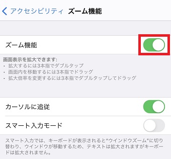 『ズーム機能』をタップしてオフ