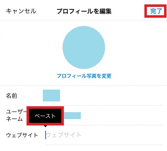 『ウェブサイト』の部分を長押しし『ペースト』をタップ