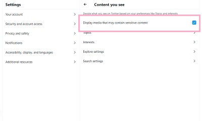 「Display media that may contain sensitive content」のチェックボックスをクリックしてオンにする
