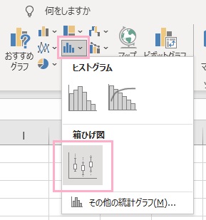 「挿入」タブ→「グラフ」をクリック→グラフの一覧から「箱ひげ図」をクリック