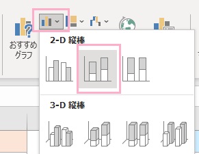 「グラフ」→「縦棒/横棒グラフの挿入」→「積み上げ縦棒グラフ」をクリック