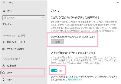 「カメラ」をクリック→「このデバイスのカメラへのアクセスを許可する」を有効にする→「アプリがカメラにアクセスできるようにする」をオンにする