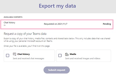 「AVALABLE EXPORTS」項目右側に「Pending（保留中）」と表示されている