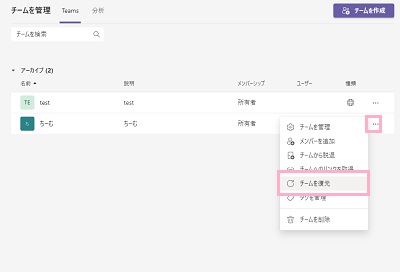 「…（その他のオプション）」をクリック→「チームを復元」をクリック
