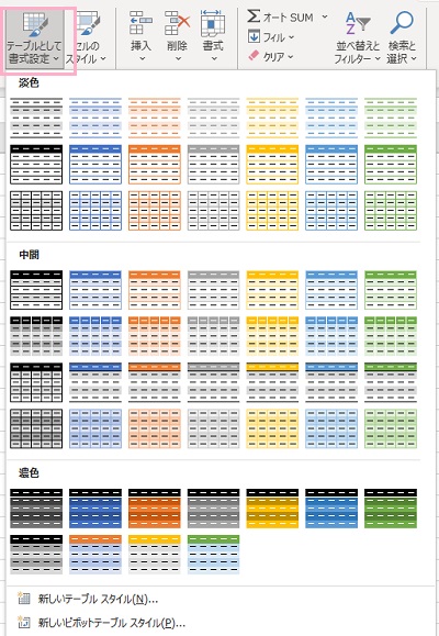 「テーブルとして書式設定」ボタンをクリック
