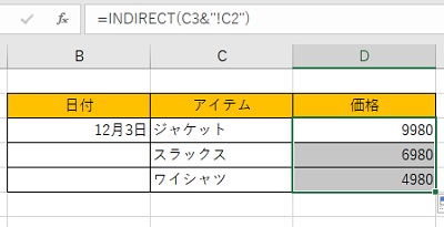 「ジャケット」・「スラックス」・「ワイシャツ」に入力されている価格を「合計」シートへと反映させることができた