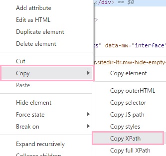 「Copy」→「Copy XPath」をクリック