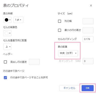 「表の配置」のプルダウンメニューから「中央（水平）」を選択し「OK」をクリック