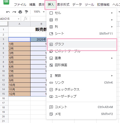 グラフにしたいデータのあるセルを範囲選択し「挿入」メニュ→「グラフ」をクリック