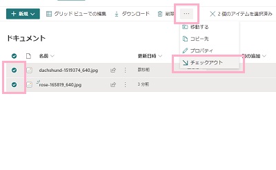 チェックアウトしたいファイルの左側のチェックマークをクリックして選択状態にし「…」ボタンをクリック→「チェックアウト」をクリック