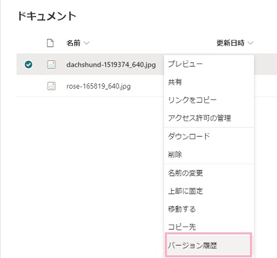 「バージョン履歴」をクリック