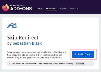 Firefoxアドオンの「Skip Redirect」ストアページ
