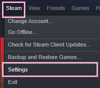 「Steam」メニューを開き「Settings」をクリック