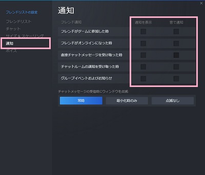 「通知」をクリック→右ペインの通知項目から表示させておきたい通知だけチェックを残せばOK