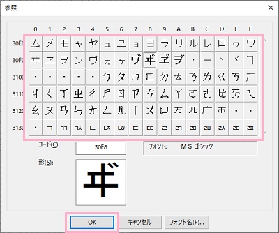使用したい文字・記号をクリックして選択して「OK」をクリック