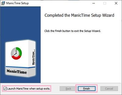 「Launch ManicTime when setup exists.」が有効になっていることを確認し「Finish」をクリック