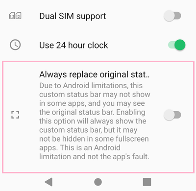 「Always replace original status bar」を有効にする