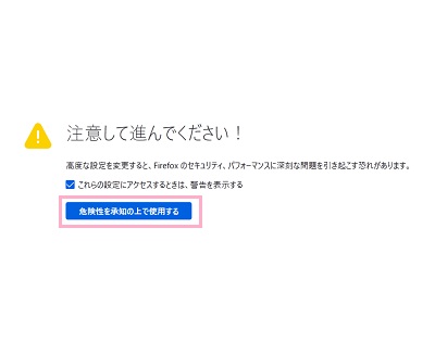 「危険性を承知の上で使用する」ボタンをクリック