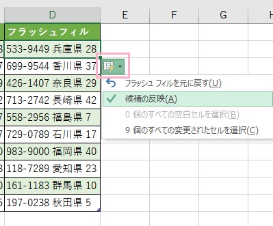 「フラッシュフィルオプション」ボタンをクリック