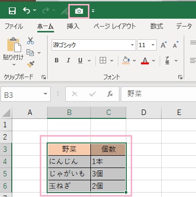 カメラ機能でコピーしたい範囲をドラッグして指定しカメラボタンをクリック