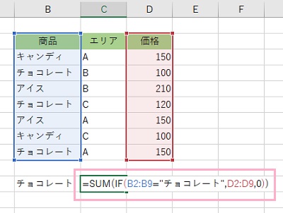 「=SUM(IF(B2:B9="チョコレート",D2:D9,0))」と入力し「Ctrlキー+Shiftキー+Enterキー」を同時押し