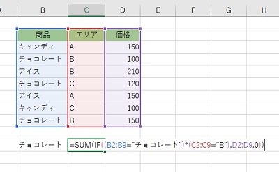 商品が「チョコレート」かつエリアが「B」の場合のみ価格を合計して出力
