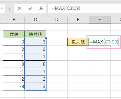 F3セルに「=MAX(C3:C9)」と入力