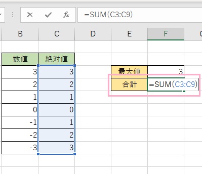 F4セルに「=SUM(C3:C9)」と入力