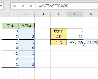 F5セルに「=AVERAGE(C3:C9)」と入力