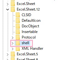 「HKEY_CLASSES_ROOT\Excel.Sheet.12\shell」を右クリック