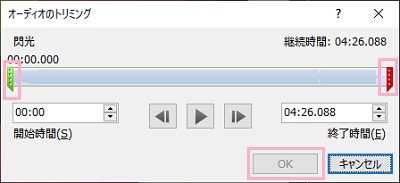 スライドバーを動かして音楽のトリミング→終わったら「OK」をクリック