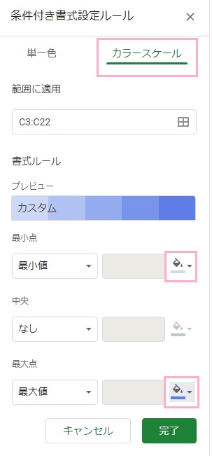 「カラースケール」タブ→最小値と最大値の色を設定