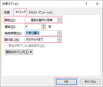 「タイミング」タブ→開始・繰り返しを設定して「OK」をクリック