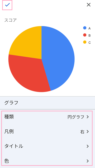 画面下部でグラフの種類・凡例・タイトル・色の選択ができる