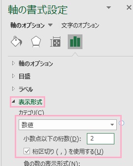 「表示形式」を展開→カテゴリのプルダウンメニューから「数値」を選択→「小数点以下の桁数」欄に小数点の桁数を入力