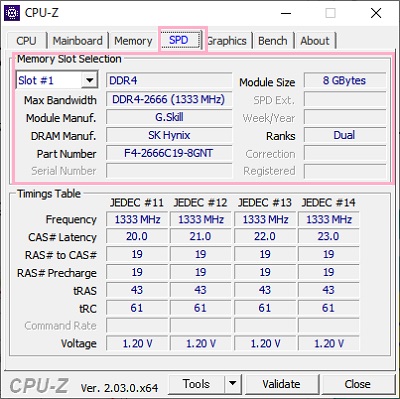 「SPD」タブ→「Memori Slot Selection」項目で現在使用しているメモリを確認できる