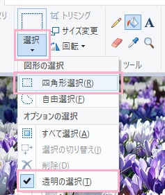 「選択」をクリックしてメニューを開き、「四角形選択」と「透明の選択」をクリック