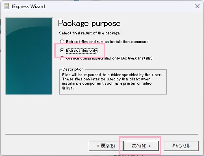 「Extract files only」を選択して「次へ」をクリック