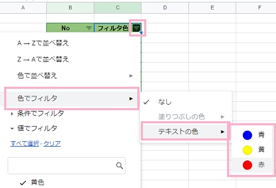 フィルタアイコンをクリック→「色でフィルタ」→「テキストの色」からフィルタをかけたい色をクリック