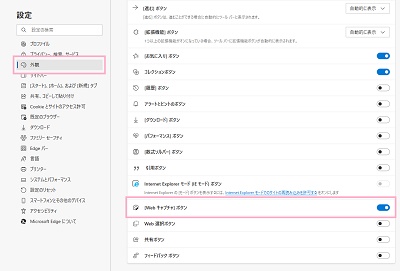 「外観」→「Webキャプチャボタン」をクリックして有効にする