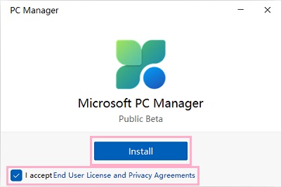 「I accept End User License and Privacy Agreements」のチェックボックスを有効にしてから「install」ボタンをクリック