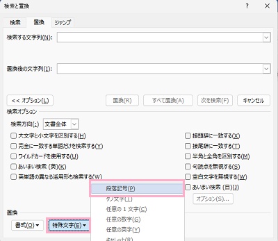 「特殊文字」のプルダウンメニューを開き「段落記号」をクリック