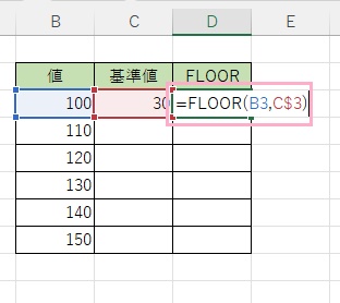 D3セルに「=FLOOR(B3,C$3)」と入力